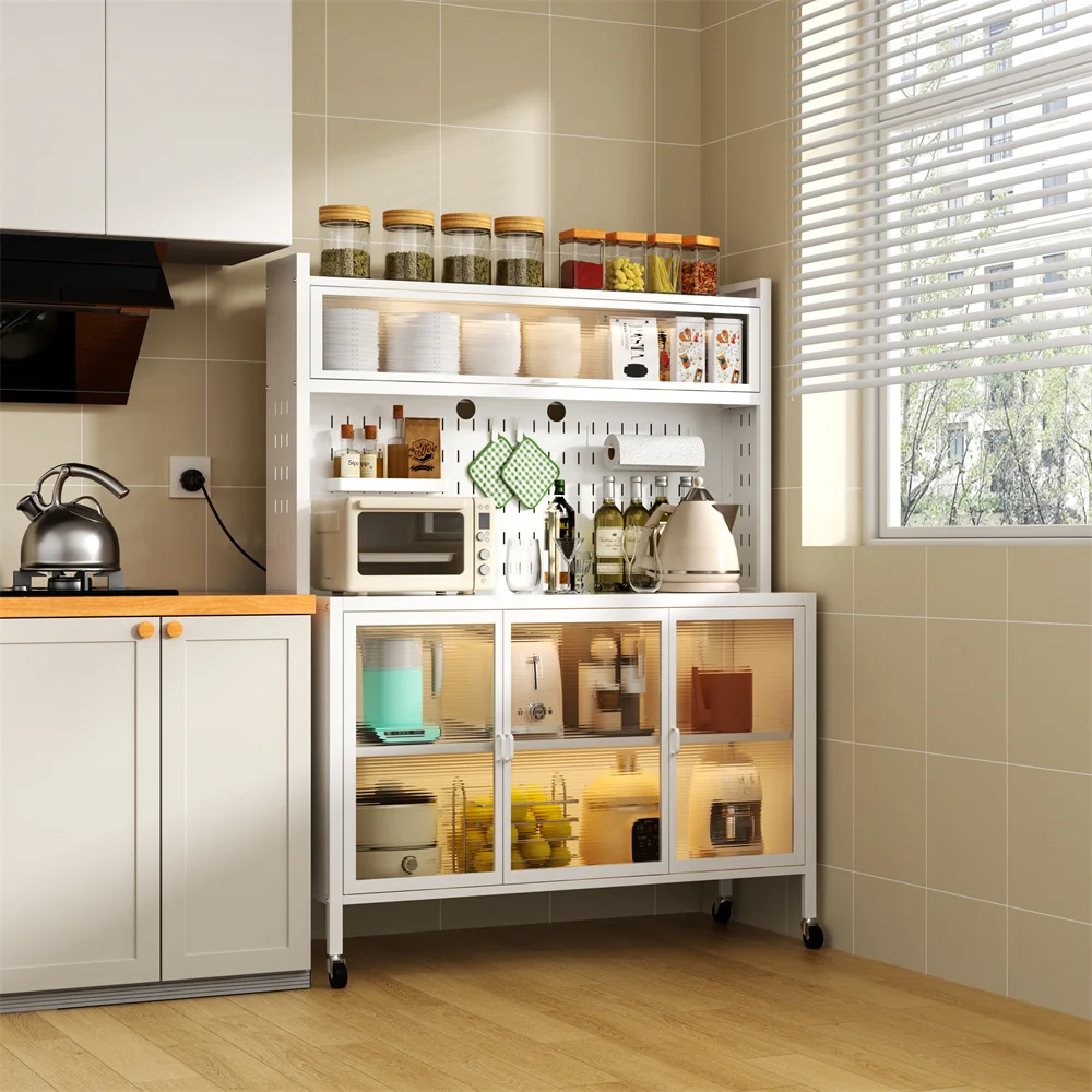 Multi-functional Metal Steel Kitchen Storage Cabinet With Glass Doors And Pegboard Shelves - Image 5