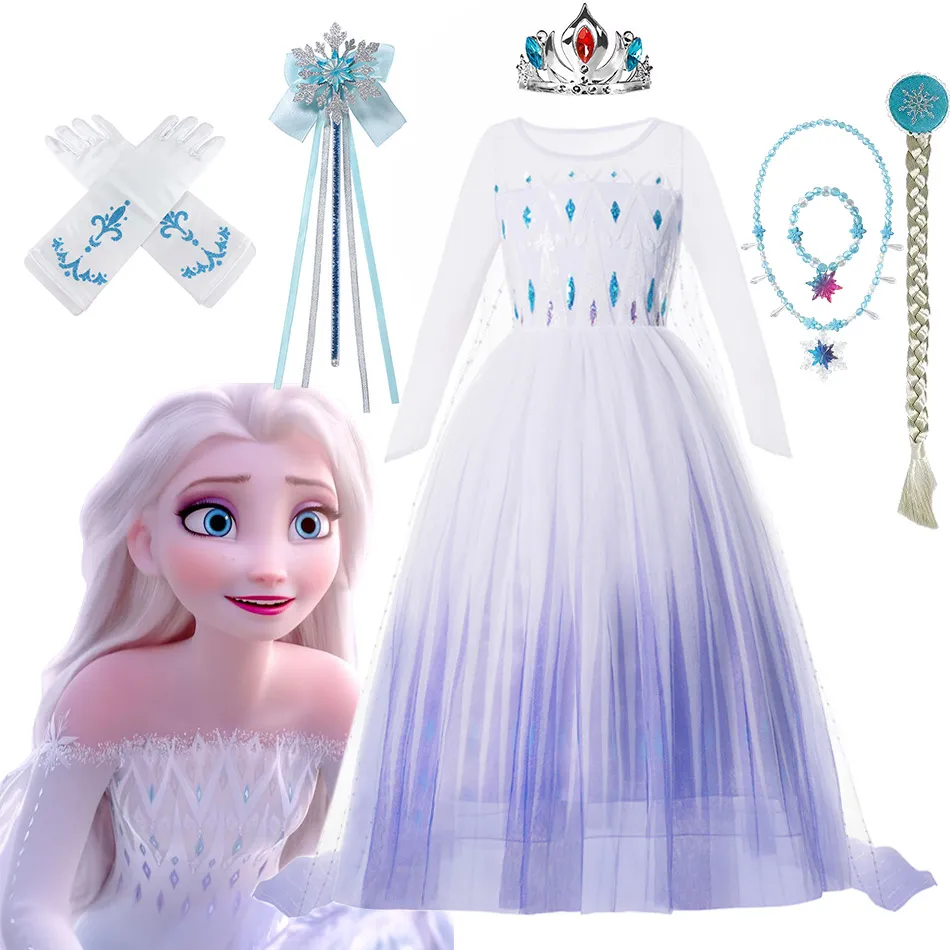 Disney-Frozen 2 Cosplay feminino, vestido princesa Elsa, vestido de baile branco, presente de aniversário infantil, roupas de Halloween, fantasia