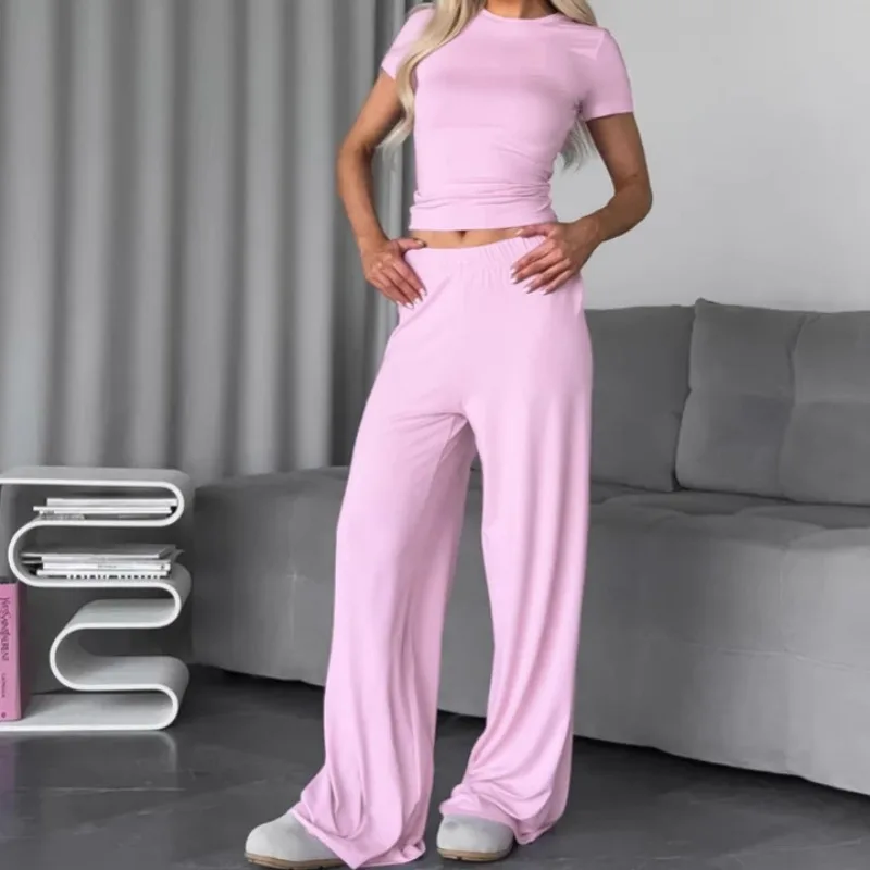 

2026 Summer New Women's Loungewear Set Pink Solid Milk Silk Short Sleeved Top Trousers Pajama Set Short Sleeve Long Pants L Size