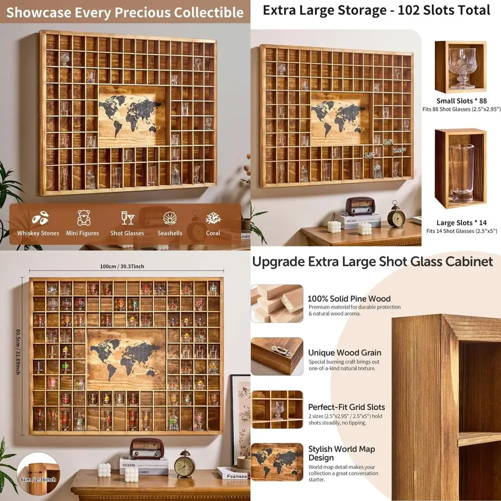 

World Map Themed Shot Glass Display Case - 102 Slot, 39 x 32 Rustic Wood Cabinet for Bars and Home