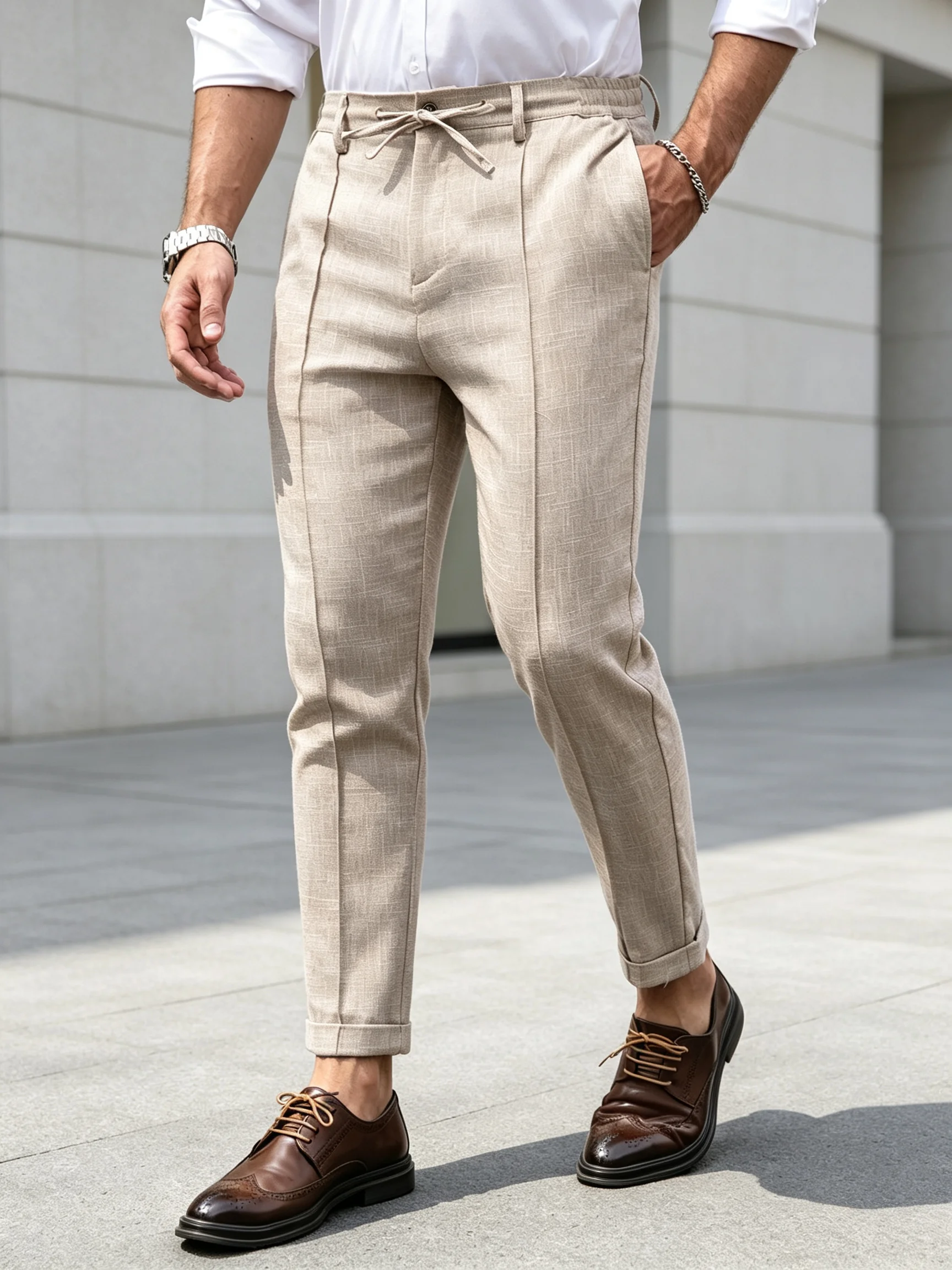 Men Beige Grid Linen‑Look Drawstring Waist Dress Pants, Center Seam Pleat Cuffed Cropped Ankle‑Length Business Casual Tapered