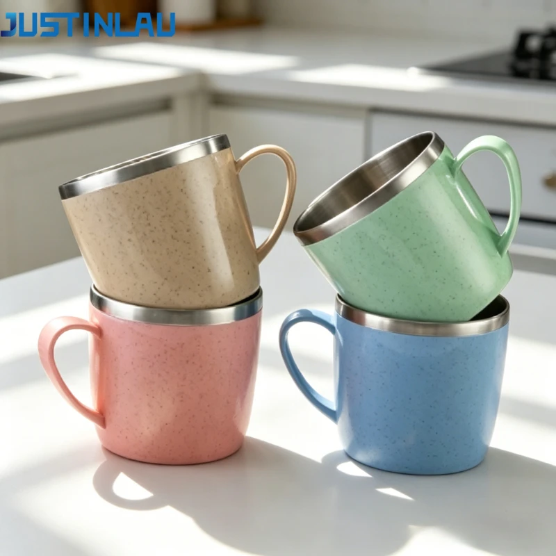 JUSTINLAU 304 Edelstahl-Wasserbecher mit Kunststoffgriff, doppelwandiger, verbrühungssicherer Kaffee- und Milchbecher für Zuhause, Trinkbecher für Kinder