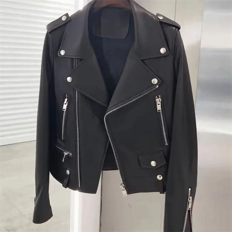 

2025 Spring Autumn PU Leather New Leather Suit Jacket Women Motorcycle Leather Jackets Coat Fashion Zipper Pocket Outerwears