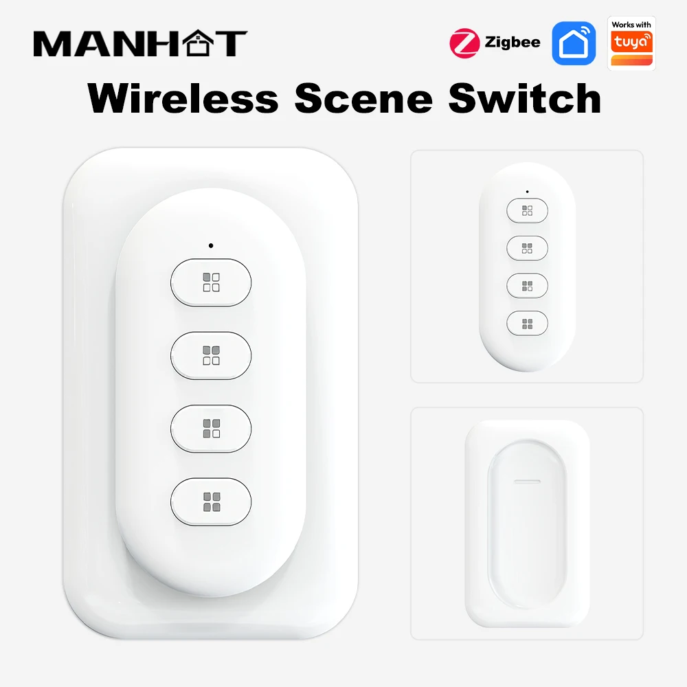 

MANHOT Zigbee 4 Gang Scene Switch Single/Double/Long Press 12Scenes Wireless Remote Control Smart Life Google Home Alexa Devices