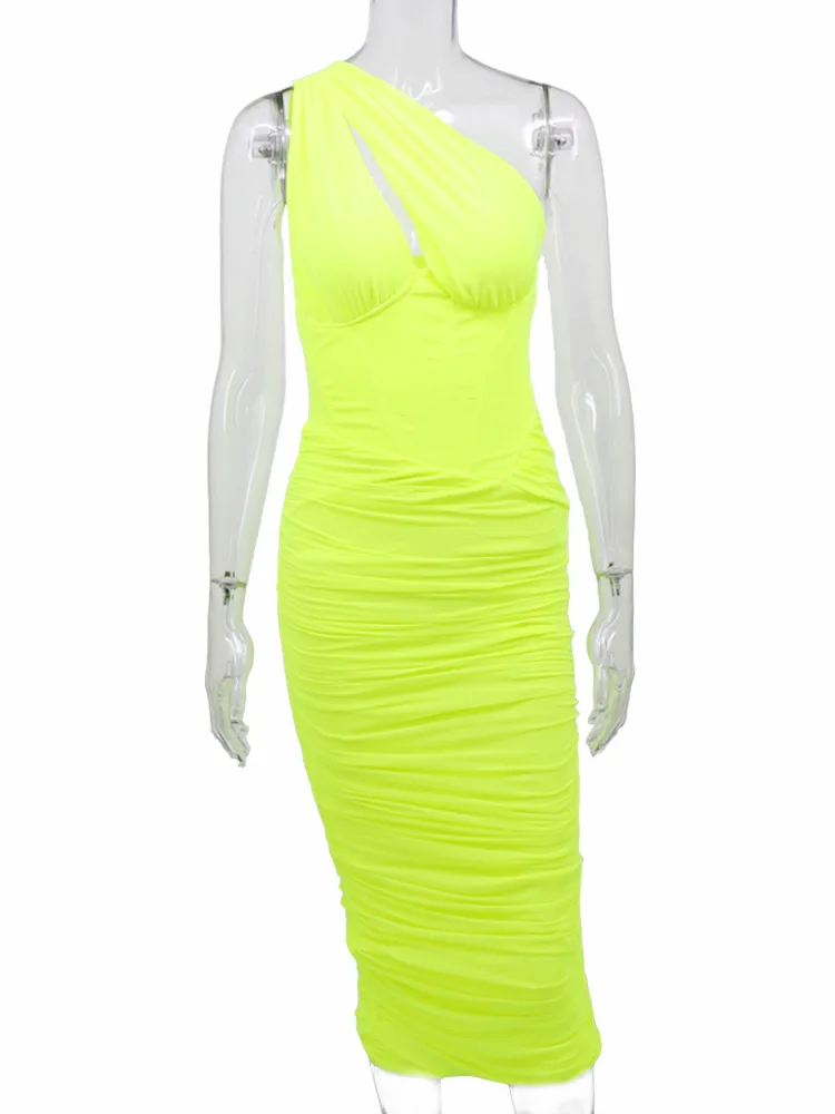 

Sexy One Shoulder Solid Color Pleated Fishbone Hollow Dress