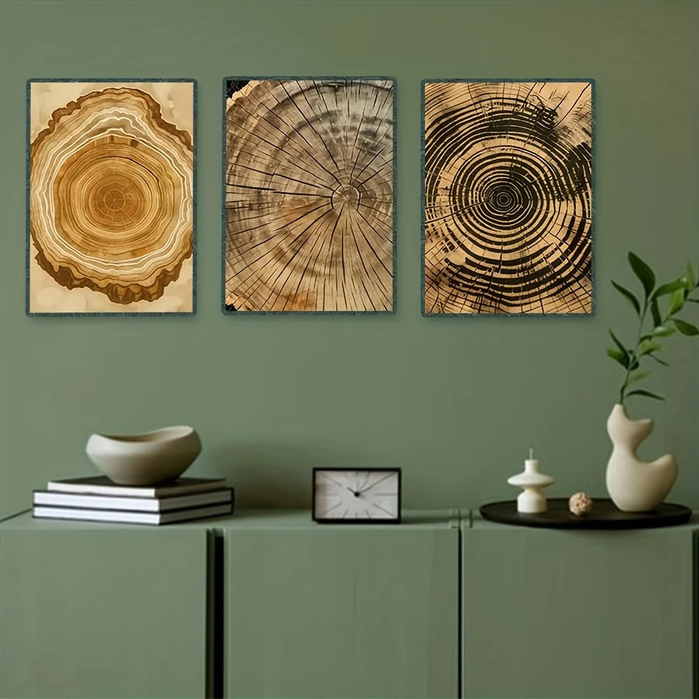 (No frame)2D Flat, 3pcs Tree Ring Art Print Set - Natural Wood Grain Cross-Section Wall Decor with Detailed Tree Stump Diagra