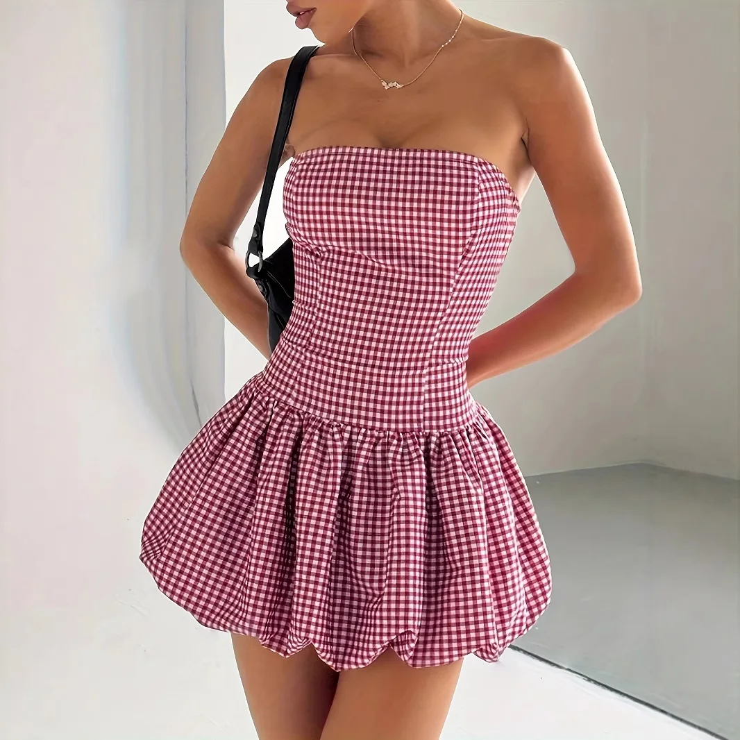 夏カットアウトレイヤード裾セクシーなドレス女性のためのストラップレスノースリーブオフショルダーハイウエストチェック柄ミニドレス女性服