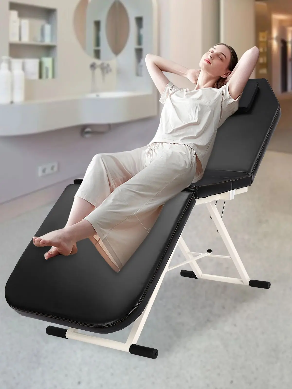 3-Section Folding Massage Bed with Removable Pillow Flexible Portable Beauty Cosmetic Bed for Spa Tattoo Massage