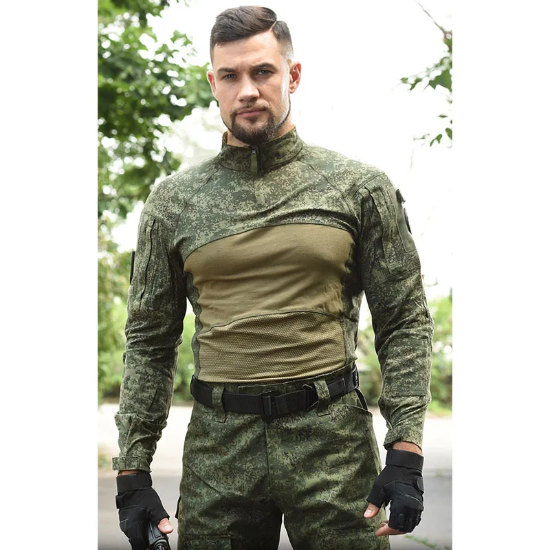 Autumn Training Sets Men Outdoor RU Camo Airsoft Uniform Paintball Tshirts+Multi-pocket Straight Cargo Pants 2 Pcs Suits Clothes