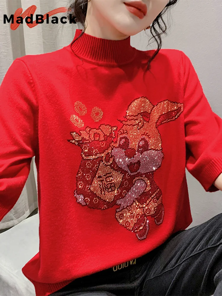 MadBlack Tradition Chinese Sweater Women Half Turtleneck Beaded Bunny Red Knit Top Half Sleeve Pullover Autumn Winter T38703JM