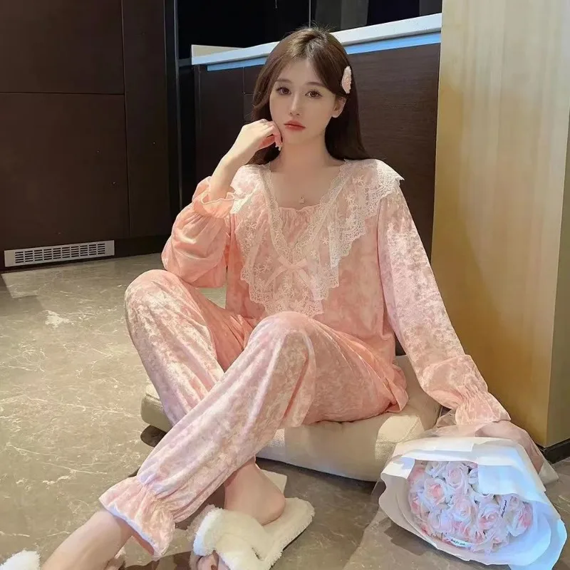 Palace style princess nightgown lady Autumn winter canary sweet lace spring autumn long sleeve trousers home dress two-piece set
