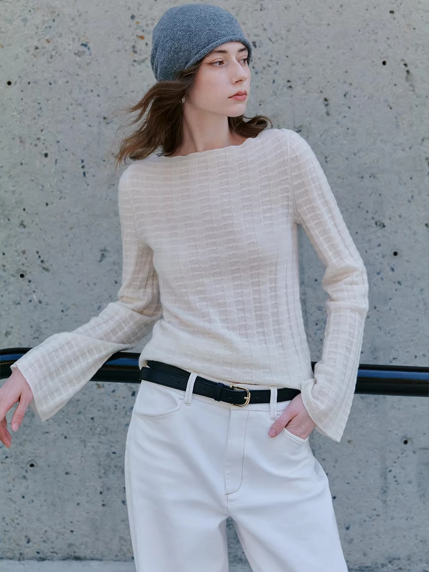 

fini Knitted Sweater Micro Flared Sve aggy Wool Camere Silk One oulder Neline French Sle Women's Premium Fas...