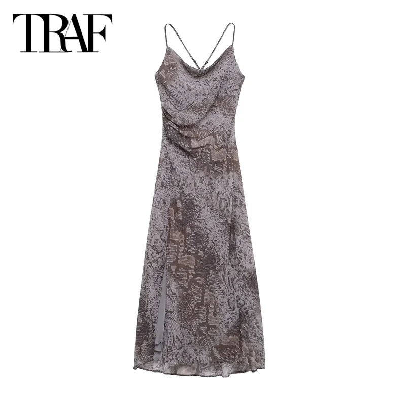 TRAF Sexy Midi Dresses 2025 Women's Spring Printed Elegant Party Evening Long Slip Dress Fashion Casual Backless Dress Vestidos