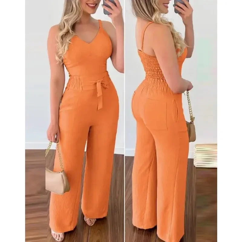 Summer Woman Long Jumpsuits Elegant Sexy V-Neck Shirred Cami Top & High Waist Pants Set New Fashion Casual One Pieces