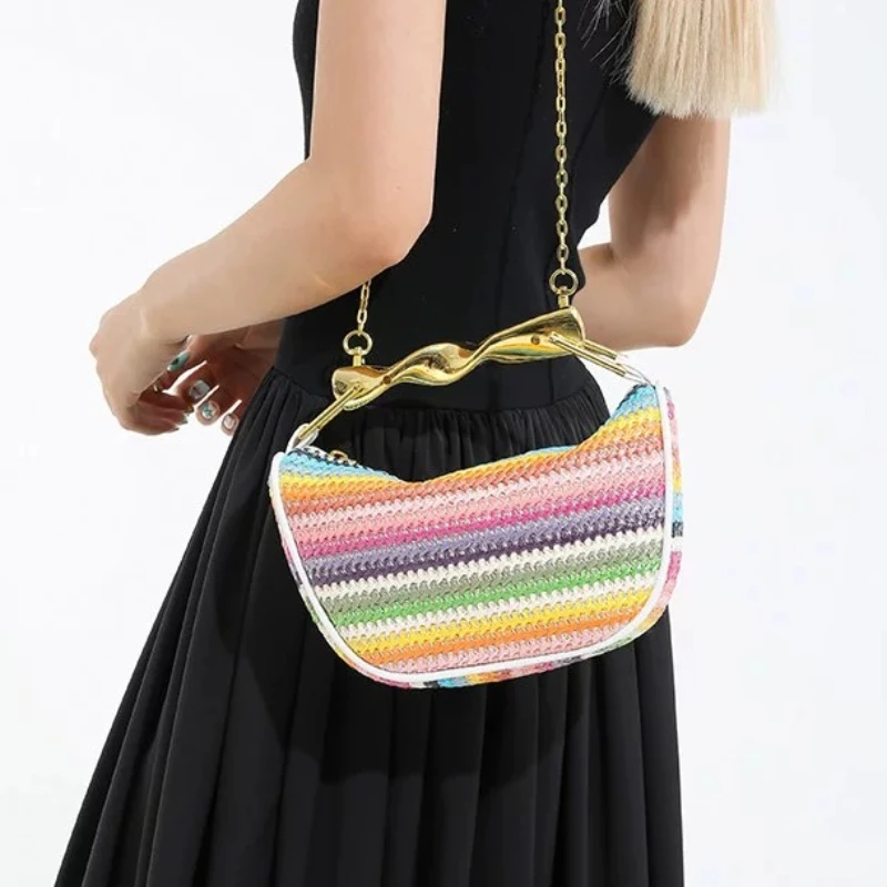 

Rainbow Summer Straw Woven Crossbody Shoulder Bag,Designer Beach Straw Tote Bag,Women Clutch Purse,Casual Metal Handle Handbag