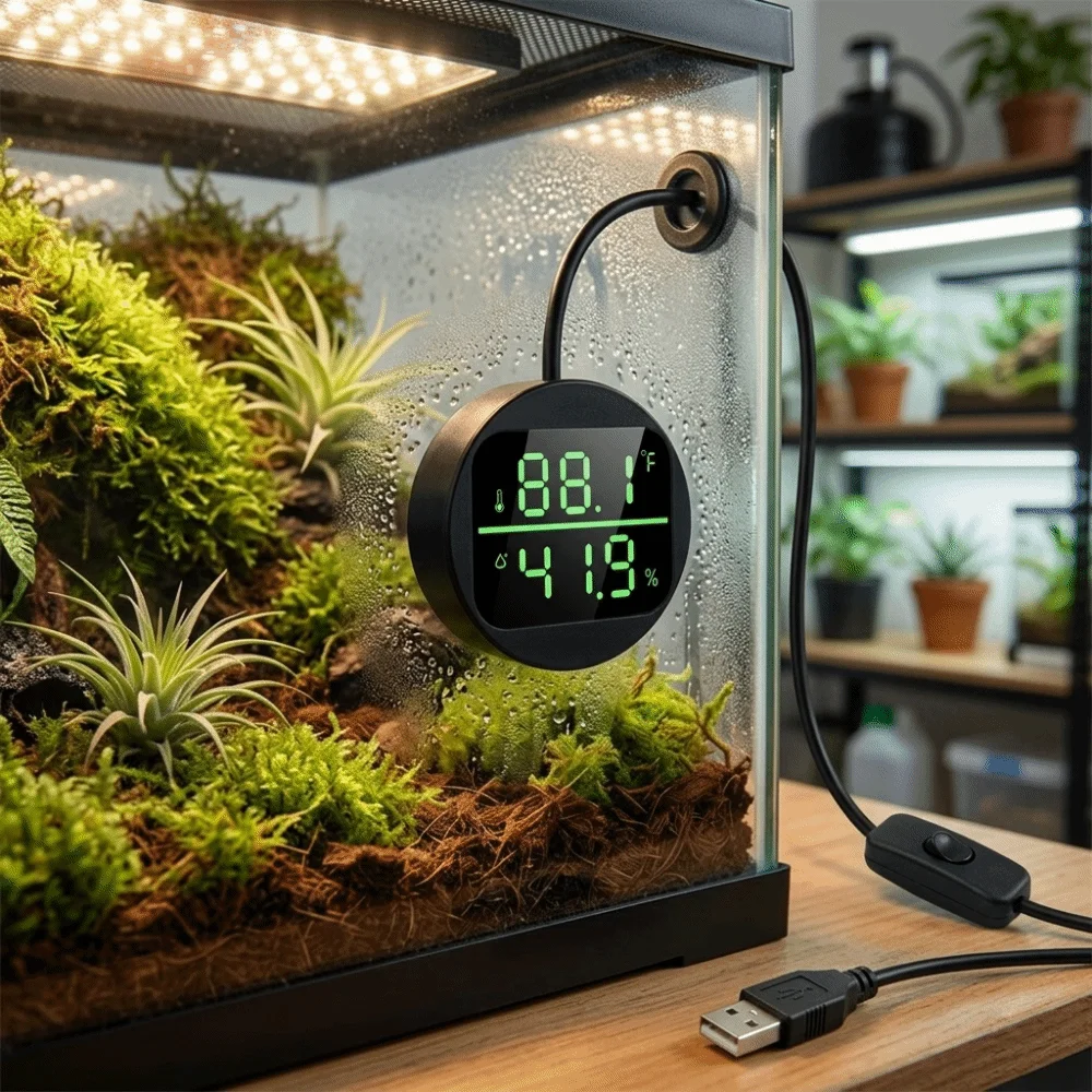 Built-in Sensing Chip Reptile Thermometer Hygrometer Compact Lightweight Body Reptile Tank Thermo-Hygrometer
