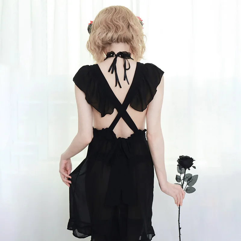 Anime Semi-permeable Maid Nightdress Sexy Bow Ties Crossed Lacesa Halter Apron with a Neck Ring Black and White Cosplay Costume