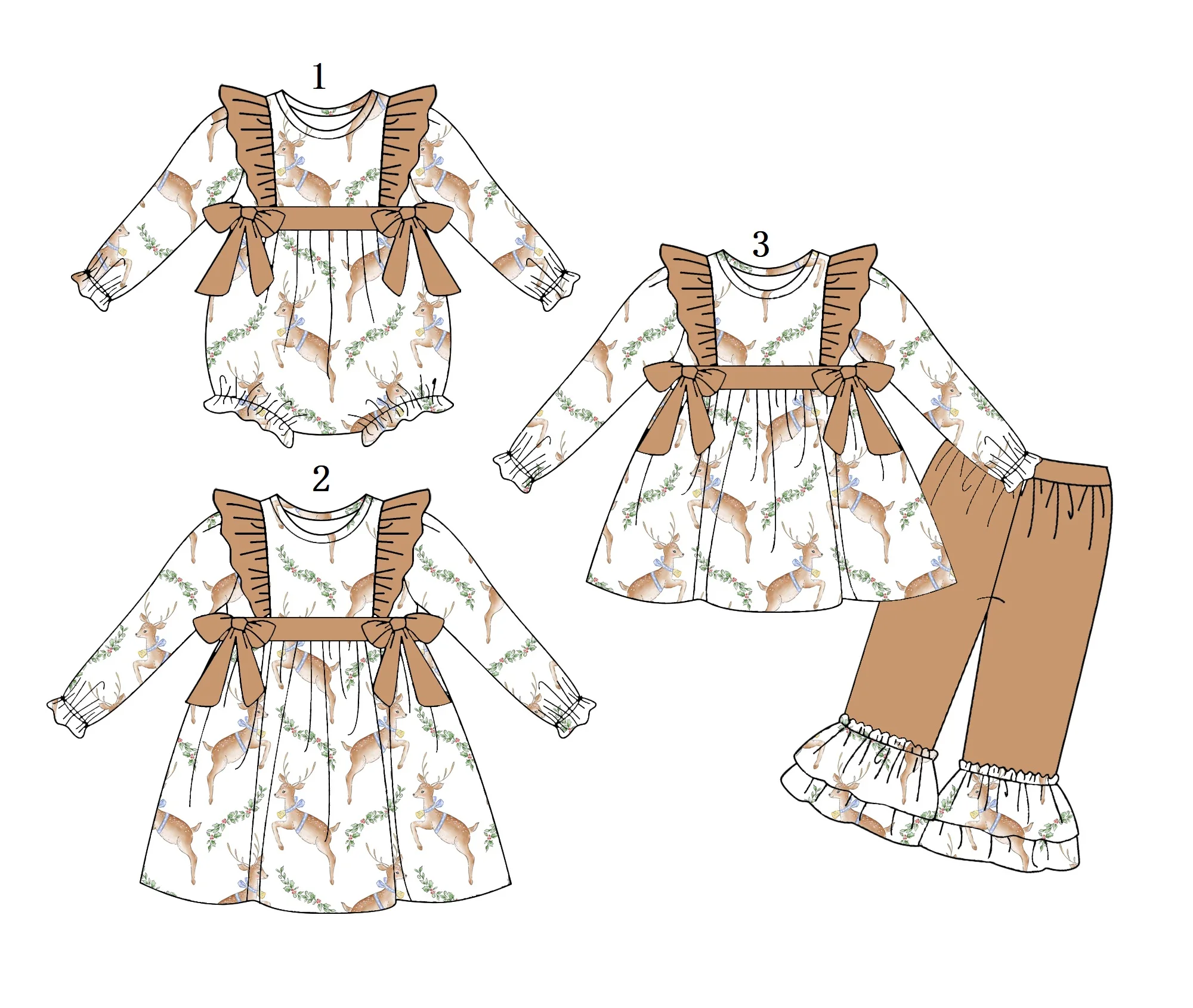 

Winter Christmas Baby Girl Clothes Cute Deer Print Girl Outfit Girl Dress Onesie 3 Piece Set Milk Silk