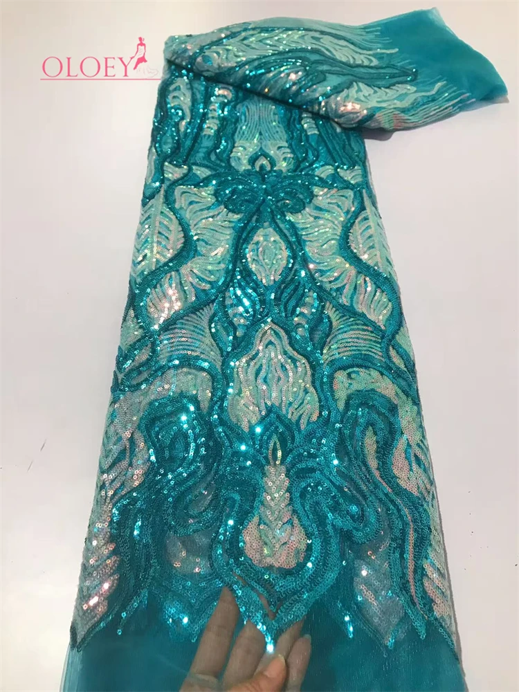 

OLOEY African Bridal Embroidered Lace Fabric 2026 Green with Sequins Nigerian French Lace for Party Evening Gowns