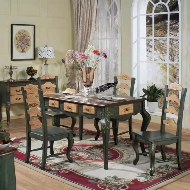 

Mediterranean dining table and chairs Home pastoral furniture rural multi-functional rectangle