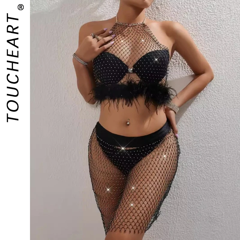 

Toucheart Sexy Underwear Set Rhinestone Fishnet Fashionable Backless Halter Neck Strap Hollow Out Sexy Underwear Set For Women