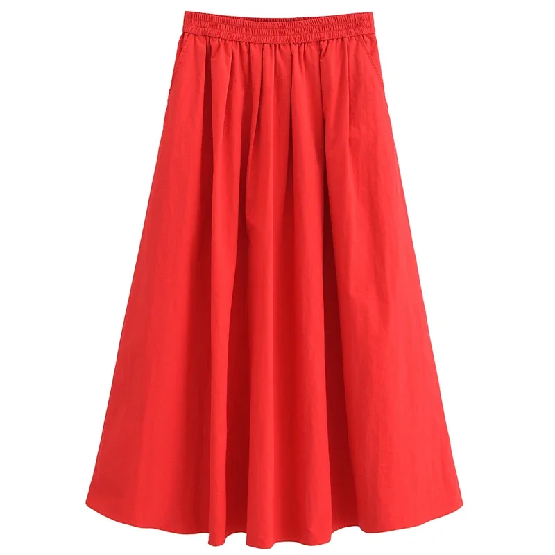 TRAF Women\'s Skirt Summer 2024 Pleated Solid Skirts Fashion Midi Poplin Red Black Mid Waist Skirt Elegant Long Skirts For Women