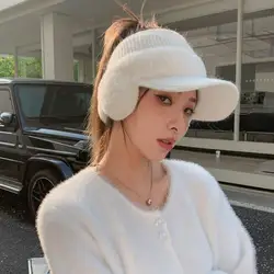 Cold Weather Hat Stylish Women's Winter Knit Baseball Hat with Earflap Ponytail Design for Outdoor Sports Windproof Warmth