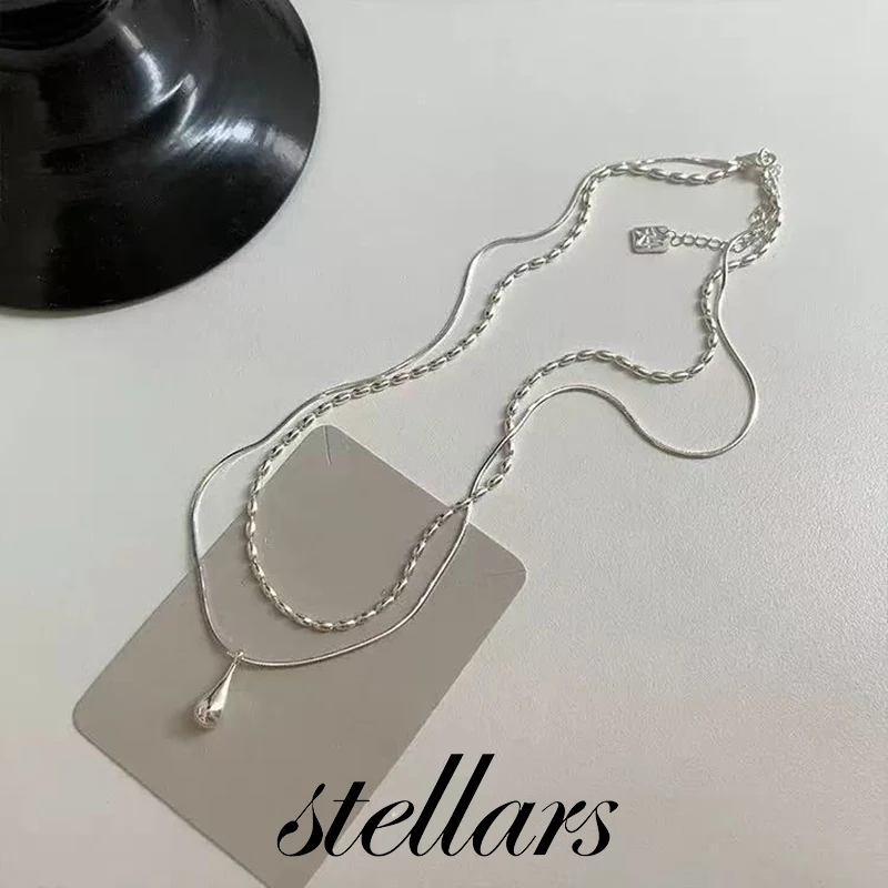 

Women's Silver-Plated Minimalist Double-Layer Necklace with Water Drop Pendant Clavicle Chain Jewelry Gift