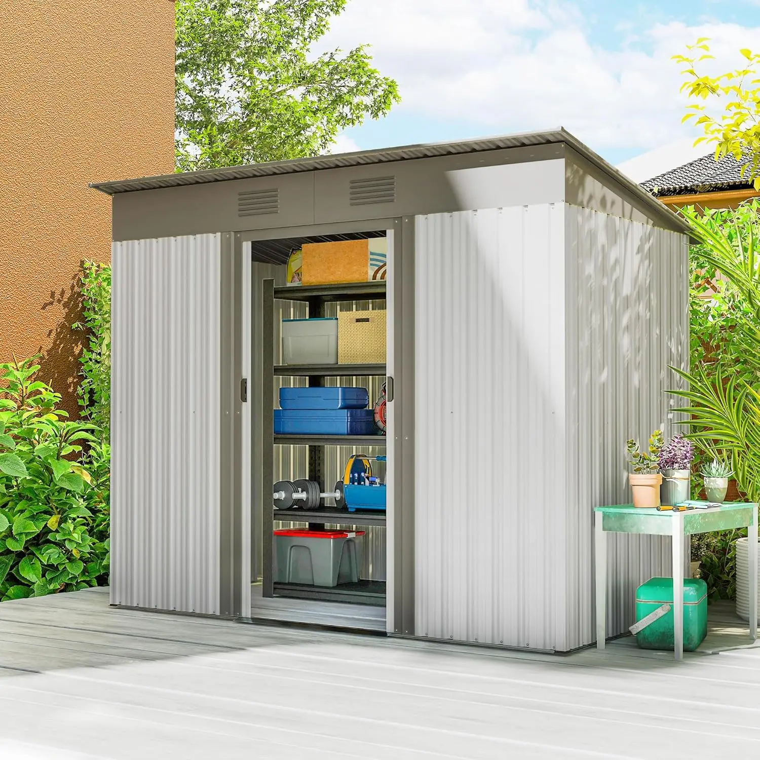 

7' x 4' Metal Lean to Garden Shed, Outdoor Storage Shed, Garden Tool House with Double Sliding