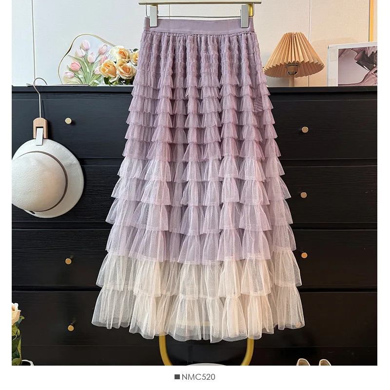 

Spring Autumn Women French Elegant Tulle Skirt High Waist A Line Layered Cake Skirt Mommy Matching Outfit