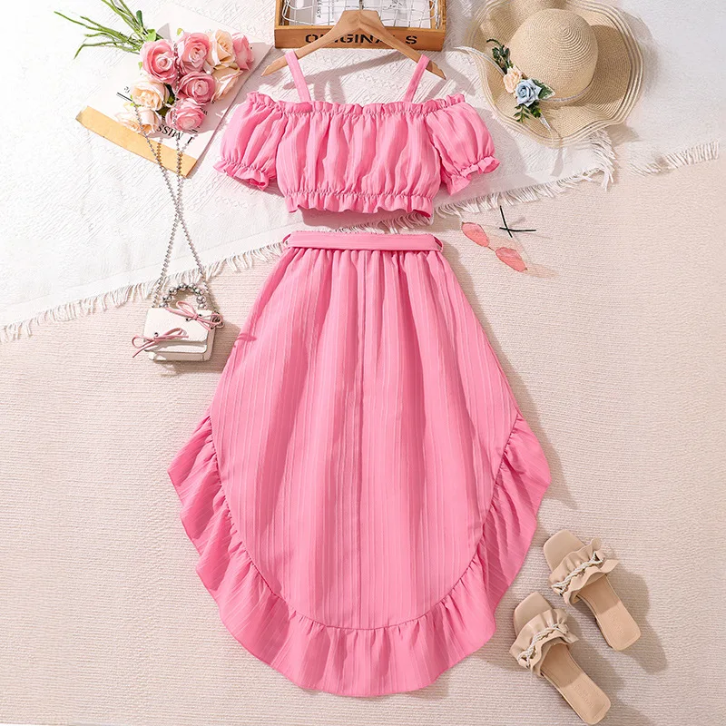 2025 Summer Child Clothes Sets Sleeveless Ruffles Slash Neck Pink Skirts 2 Piece Sets Designer Girls Clothes Sets 8-12T