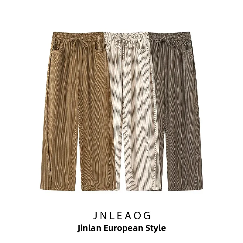 JNLEAOG n سروال كاجوال مخطط بأرجل مستقيمة، بنطال عمال أنيق للنساء بخصر عالٍ من ألياف البوليستر