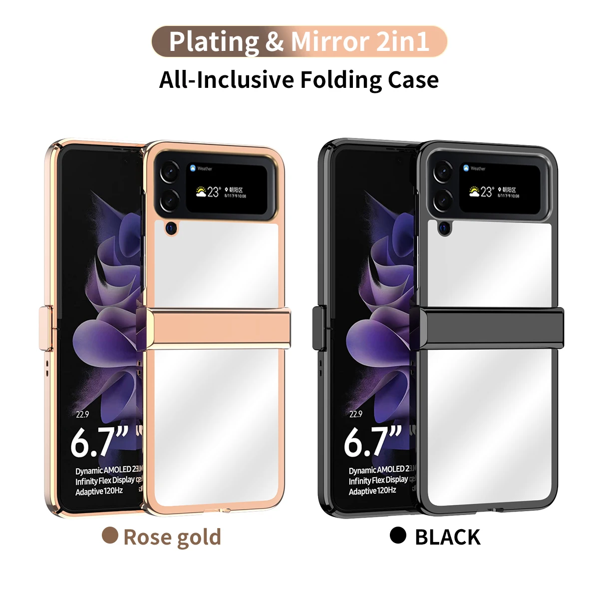 3in1 Electroplated Glossy Makeup Mirror 360 Full Cover for Samsung Galaxy Z Flip 4 Flip4 Hard Plastic Hinge Protection Back Case