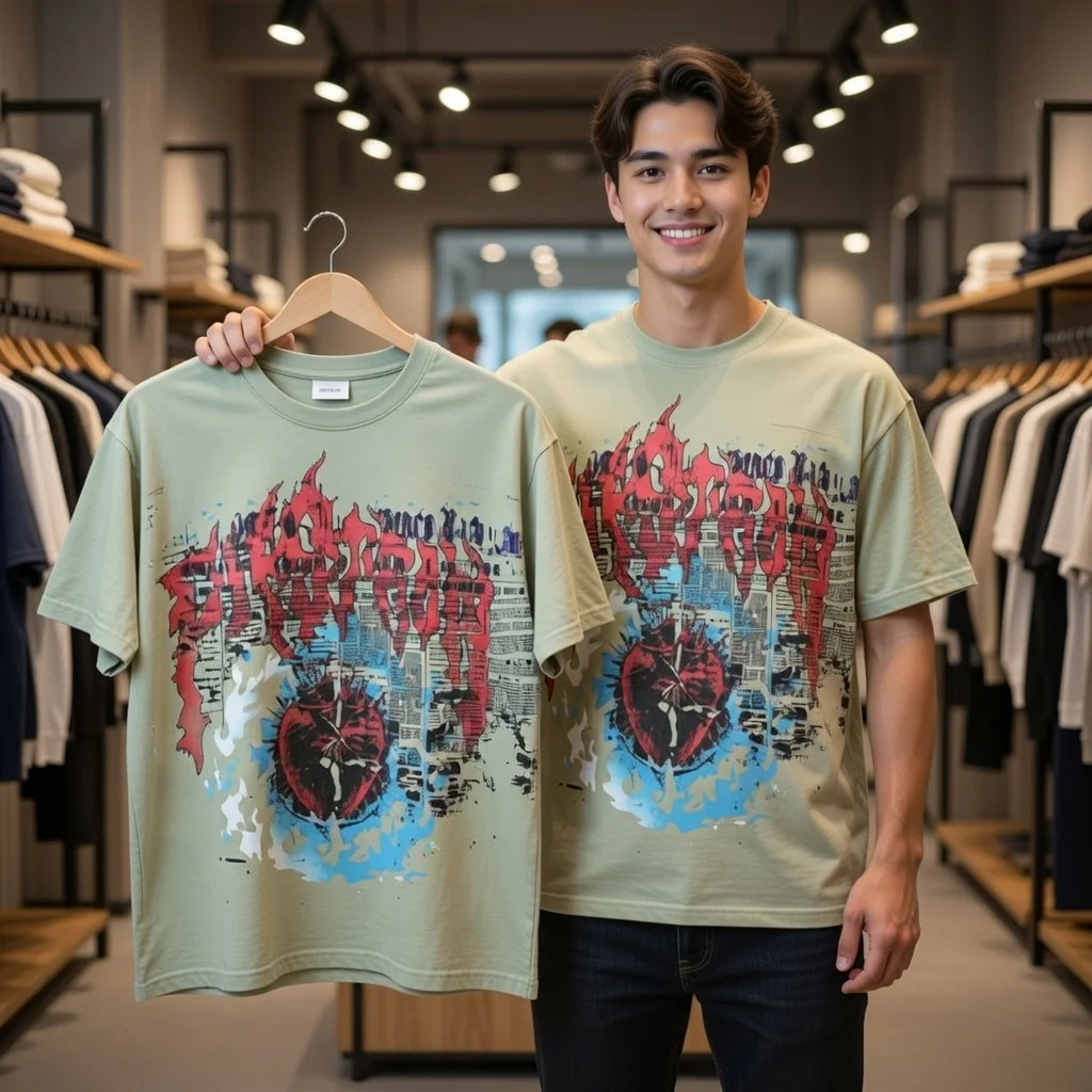 FIRST ROW TEE Lost Utopia Blue Graffiti Print T-Shirt Rhinestone Collar Palm Leaves Castle Artwork Bold Graphic Tee Unisex
