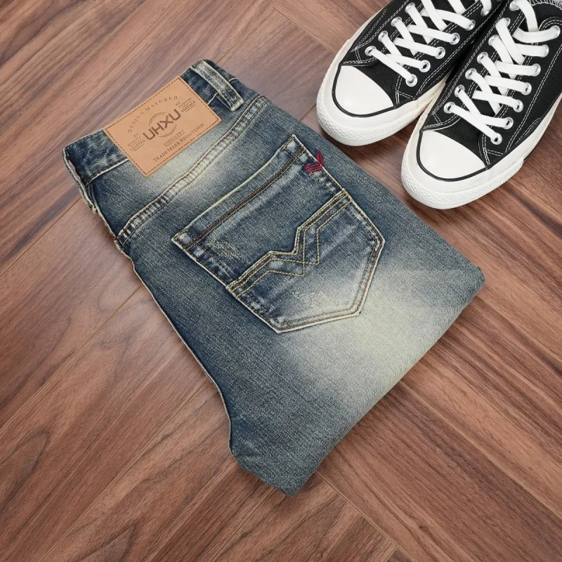 

Новые осенние мужские классические джинсы с вышивкой, винтажный синий цвет, зауженный крой, прямой силуэт, модная и стильная мужская одежда.