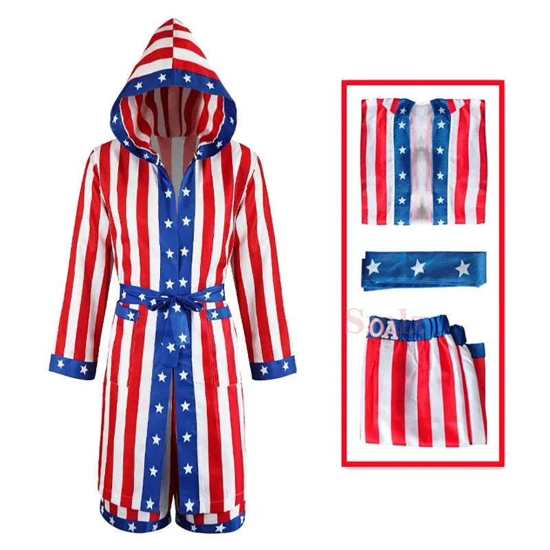 Disfraz de boxeador Rocky Balboa para niños, capa roja con capucha, pantalones cortos, bata de boxeo de película, capa para disfraz para chico