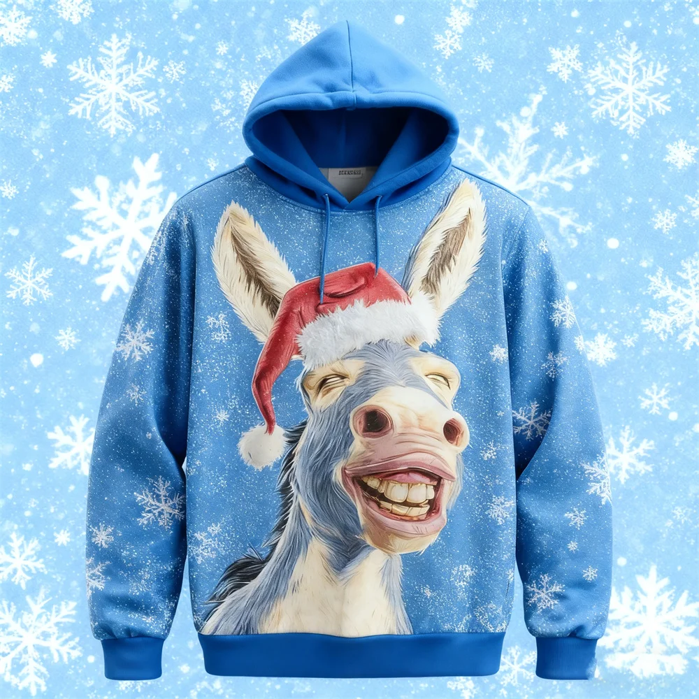 الرجال مضحك عيد الميلاد حمار الجرافيك هوديس 3D مطبوعة مجردة الحيوان نمط مقنعين بلوزات فضفاضة عارضة قمم مريحة