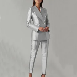 Silver Stain Women's 2 Pieces Pant Sets Formal Business Double Breasted Blazers 2 Piece Set Elegant Ladies Wedding Pant Suits