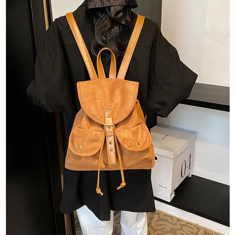 

Vintage Suede Backpack for Women - Retro Drawstring Shoulder Bag with Front Pockets, Casual Travel & School Daypack in Brown