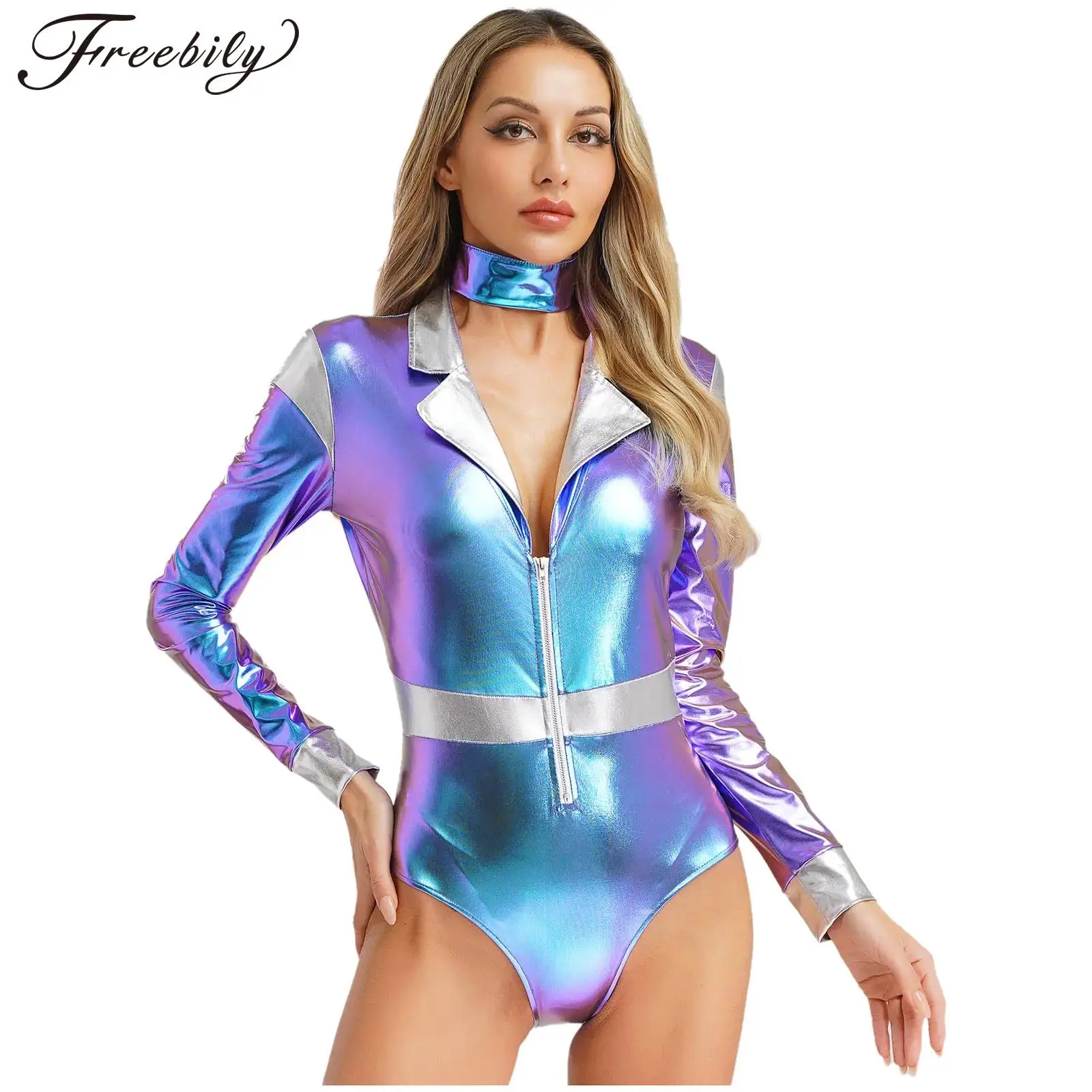

Women Halloween Costume Space Alien Cosplay Bodysuit Shiny Metallic Leotard for Fancy Dress Ball Carnival Clothing