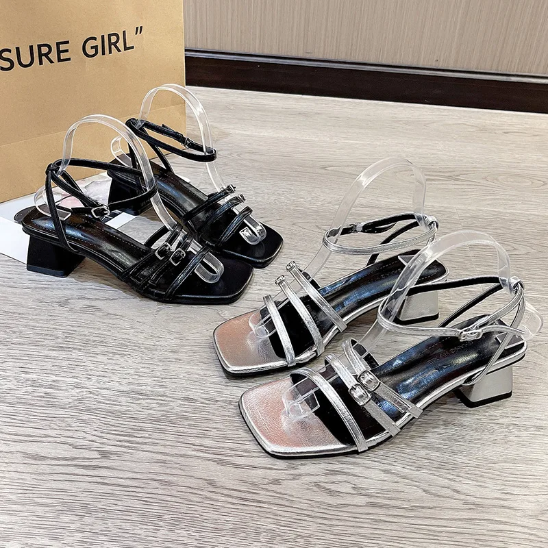 Black Sliver High Heels Sandals Women Fashion Cross Strap Gladiator Sandalias Woman Summer 2024Ankle Buckle Roman Casual Sandles