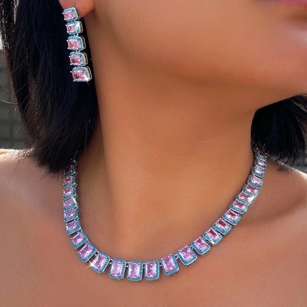 ThreeGraces Elegant Shiny Pink Rectangle Zirconia and Blue Synthetic Turquoise Bridal Wedding Party Jewelry Set for Women T1215