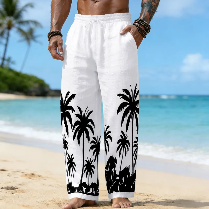 

2026 Хит продаж: мужские свободные повседневные прямые брюки из льна для весны и осени с гавайским принтом кокосовых пальм, пляжные