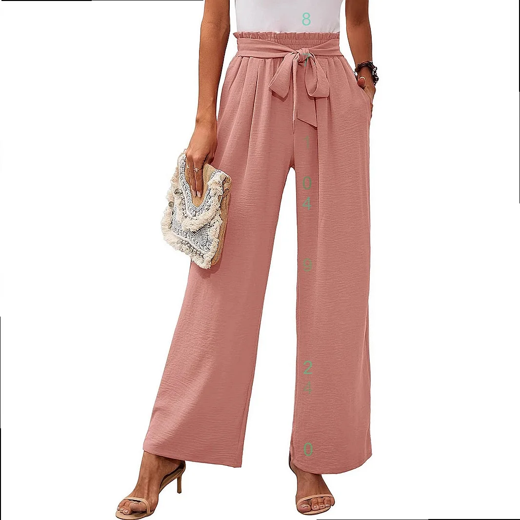 Women Casual Pants with Pockets High Waisted Adjustable Tie Waist Wide Leg Long Pants Spring Summer