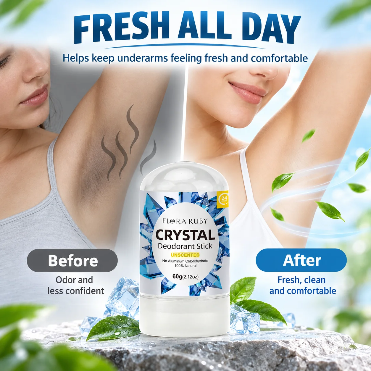 Crystal Deodorant Stick 60g Unscented Underarm Deodorant for Women and Men FLORA RUBY