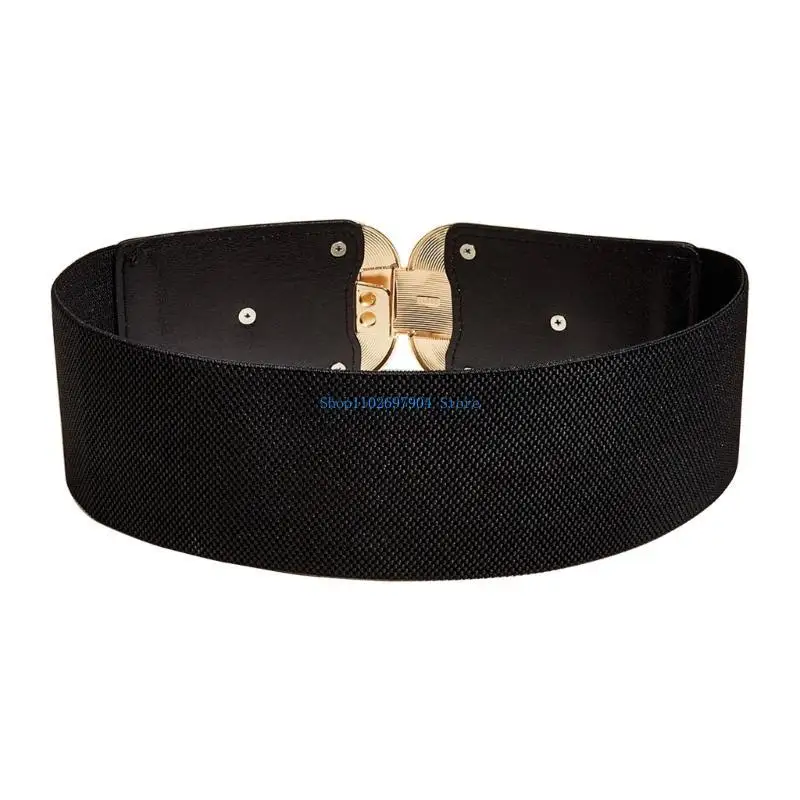 

N7YF Stretchy Waist Chain Oversize Golden Buckle for Women Casual Wear Decorative Belt Wide Belt Dress Accessories