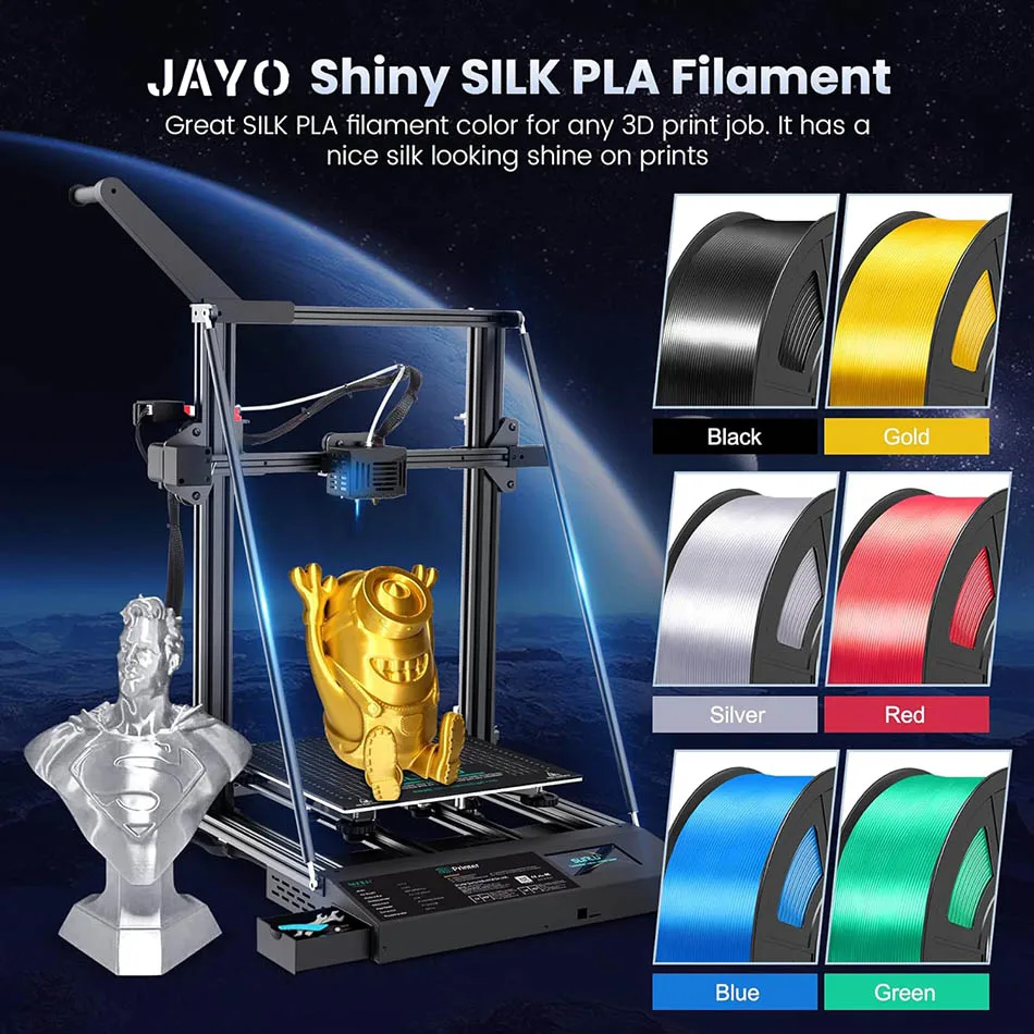 JAYO SILK PLA + Filament 1.75MM PLA 3D Filament 1.1KG for FDM 3D Printer  Neatly Wound Shiny 3D Printing Material 5Rolls