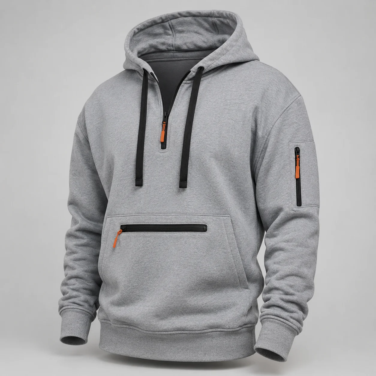 2026 Men Half Zipper Hoodie Solid Color Long Sleeve Casual Pullover Sweatshirt Multi Pocket Outdoor Training Streetwear Fashion