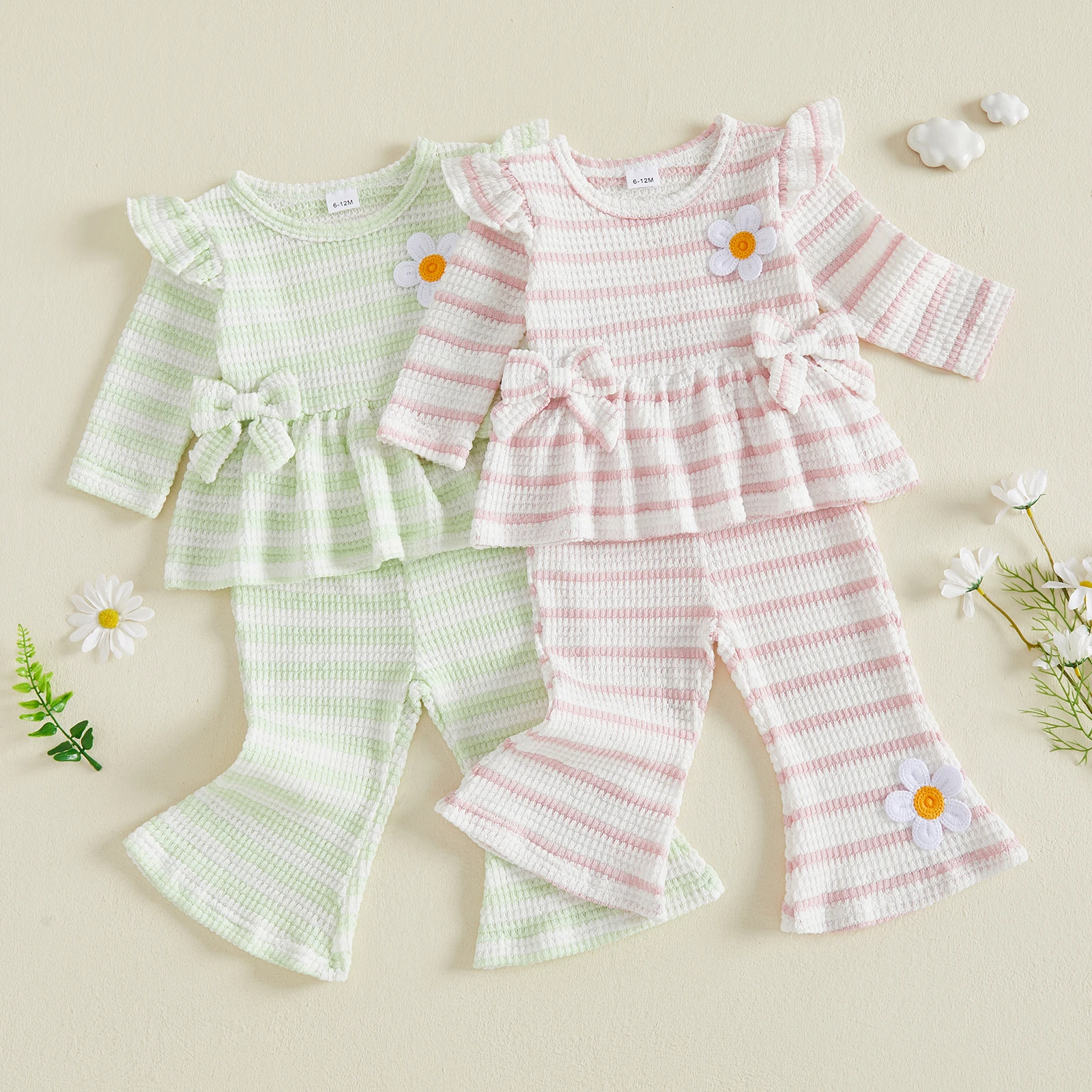 2 Pcs Toddler Kids Girl Outfit Knit Ruffle Long Sleeve Striped T shirt Tops Flare Pants Children Autumn Clothes Sets 1-4Y