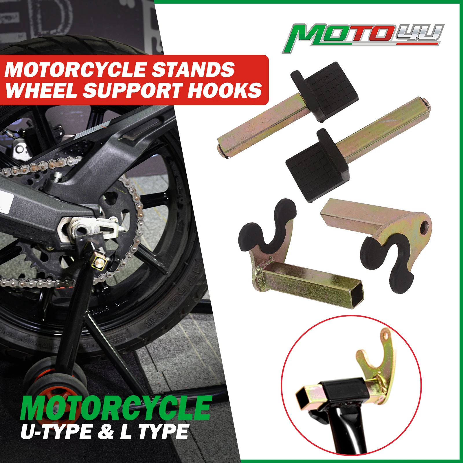 1 Pair Motorcycle Bike Stands Wheel Support Frame Stand Swing Arm Lift Tripod Hooks Hook Fork U-style & Rubber L Type